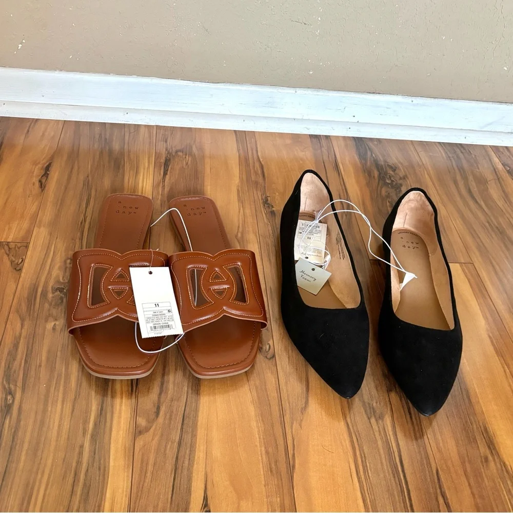 A New Day Camel Cognac Sandals Black Suede Pointed Flats size 11 - Picture 1 of 9